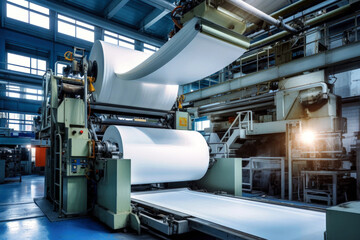Modern paper production plant. Close-up of industrial equipment. Coated paper and cardboard.