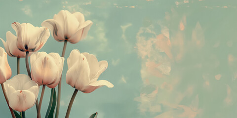 Vintage White Tulips Against Textured Turquoise Background