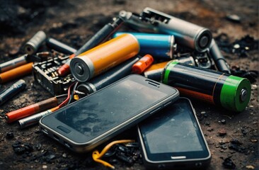 old batteries and phones  - obrazy, fototapety, plakaty