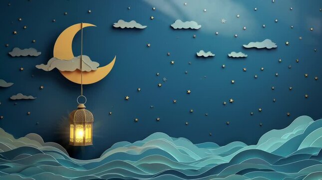 islamic lantern 3d art paper cut loop animation illustration with moon, clouds and stars for ramadan kareem or eid mubarak. al fitr adha event ceremony greeting banner background