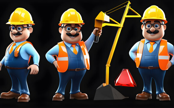 a cartoon character professional civil engineers and construction on black background. construction workers in a helmet