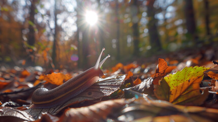 Sunlit Forest Floor: A Slug's Journey Among Fallen Autumn Leaves, Capturing the Tranquility of Nature in Detail