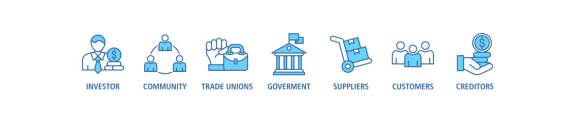 Stakeholder relationship banner web icon set vector illustration concept for stakeholder, investor, government, and creditors with icon of community, trade unions, suppliers, and customers