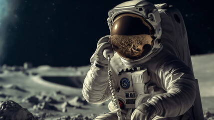 astonaut calling by vintage phone, call center concept. Realistic photo