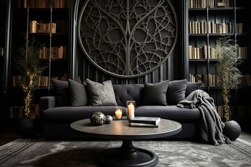 Round Wooden Coffee Table Elegance: Contemporary Gothic Living Room Ideas with Black Rug