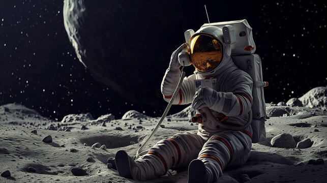 astonaut calling by vintage phone, call center concept. Realistic photo