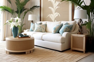 Coastal Rug Paradise: Exotic Tropical Bedroom Interiors with White Sofa Lounge