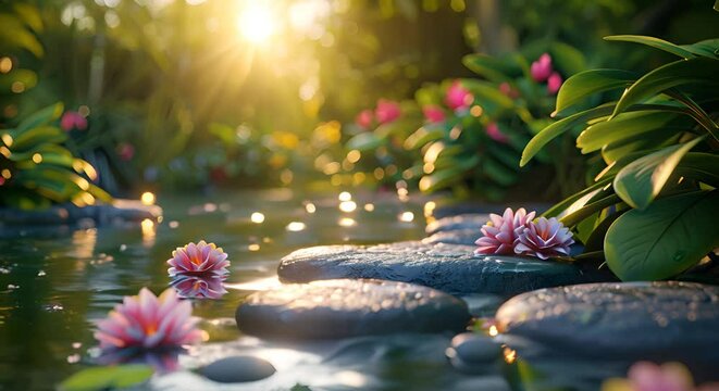 A serene natural spa setting, with a focus on a tranquil water feature surrounded by lush greenery