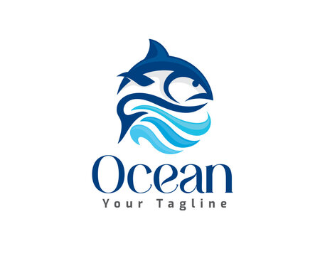 abstract circle jump fish on blue ocean water logo icon symbol design template illustration inspiration