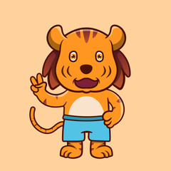 Cute illustration tiger mascot finger piece symbol cartoon character icon . funny gift cartoon. Business icon concept. Flat cartoon style