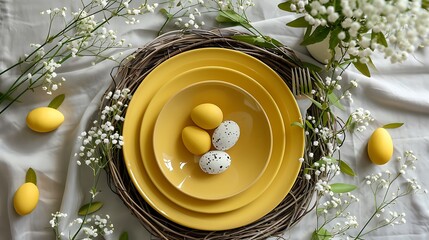 From above place setting for Easter dinner with yellow ceramic plates near nest with easter eggs surrounded by cushion baby's-breath leaves - obrazy, fototapety, plakaty