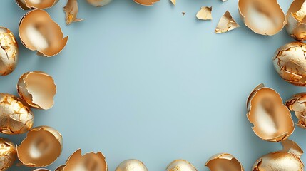 Greeting Easter border pattern from broken handcraft painted golden eggshell inside on a light blue background, copy space. Happy Easter concept - obrazy, fototapety, plakaty