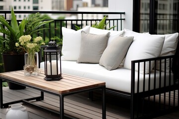 White Sofa & Black Coffee Table: Industrial Chic Balcony Inspirations