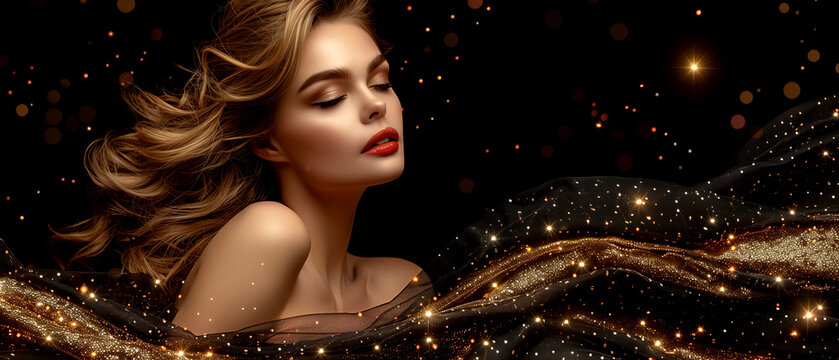 beautiful woman model with gold glitter. for banner ,postcard, poster, web site, greeting invitation. Copy Space. high detail, perfect lines.