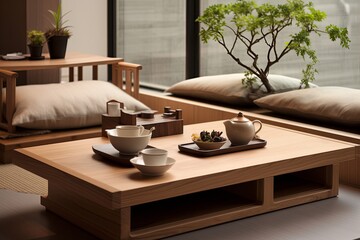 Fototapeta na wymiar Modern Japanese Tea Room Interior Designs Featuring Solid Wood Bench in a Contemporary Apartment