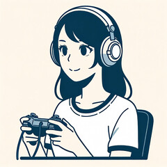 若い女性がオンラインゲームをして遊んでいるイラスト。髪の長い女性がヘッドフォンをしてゲームパッドを手に持っている。椅子に座ってゲームをしている。
