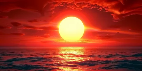 Fotobehang Vermiljoen  orange sun is rising over the sea, sunset or sunrise