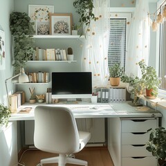 Home Office, flexibility of working from home, white color.