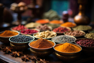 Wooden table of colorful spices of Zanzibar 