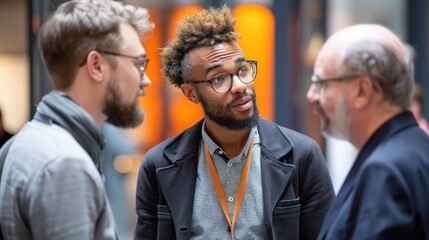 Creative men talking at networking event, sharing startup ideas and discussing new innovation at business conference