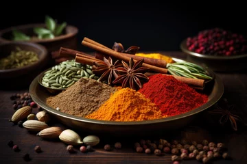 Fotobehang Wooden table of colorful spices of Zanzibar  © STORYTELLER