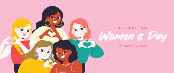 International Women's Day banner vector. Inspire Inclusion hashtag slogan with hand drawn women character from diverse background heart shape hand gesture. Design for poster, campaign, social media. - 743511539