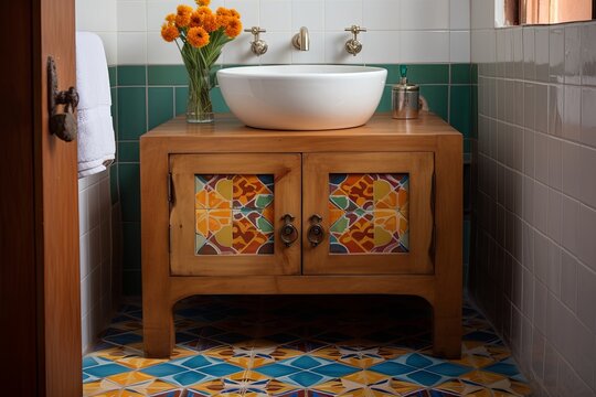 Solid Wooden Vanity & Colorful Floor: Moroccan Tile Bathroom Inspirations