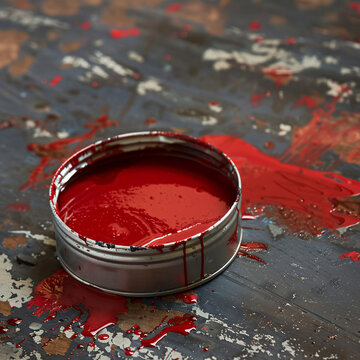 Tin with spilled red paint