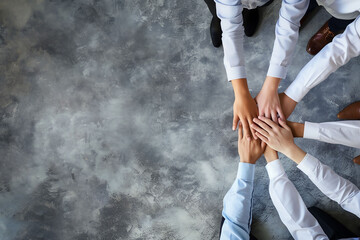 Business people hands circle close up top view. Teamwork, unity, partnership, collaboration concept.