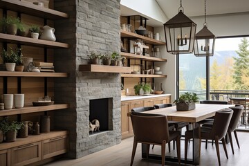 Fototapeta na wymiar Fireplace Side Open Shelving Kitchen Decor Ideas: Cozy Vibes with Stylish Storage Units