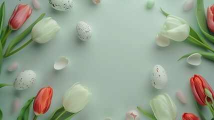 Top view of frame with tulips and pastel easter eggs isolated on light green background - obrazy, fototapety, plakaty