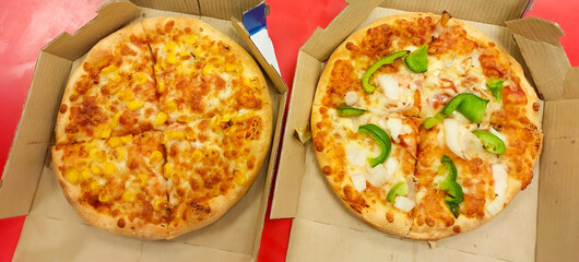 Two vegetarian pizza in box photography, food background, cheesy pizzas wallpaper 