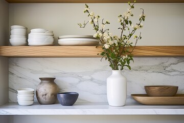 Fototapeta na wymiar Marble Counter Harmony: Stunning Open Shelving Kitchen Decor Ideas with Wood Shelves