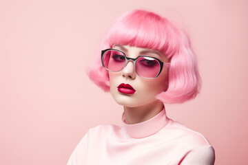 Chic Woman with Pink Bob Hairstyle and Stylish Oversized Sunglasses on Pink Background. Fashion Forward