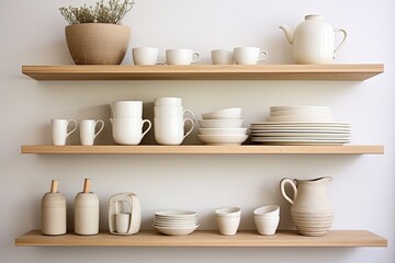 Fototapeta na wymiar Minimalist Serenity: Open Shelving Kitchen Decor Ideas for Serene Coffee Mug Collections
