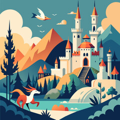 Fototapeta premium Whimsical scenes from a fairy tale kingdom with castles and dragons. vektor illustation