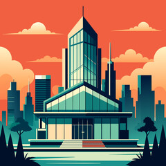A vector illustration of a sleek, modern office building against a city skyline. vektor illustation