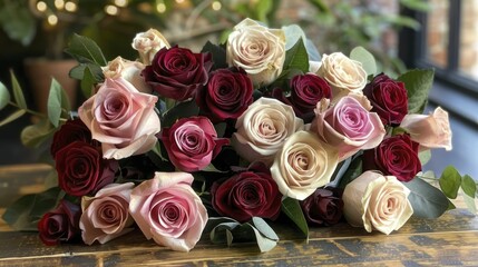 Elegant bunch of long-stemmed roses, classic romance, deep affection