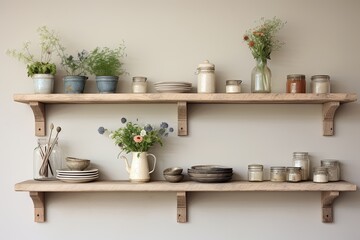 Fototapeta na wymiar Rustic Farmhouse Style: Wooden Open Shelving Kitchen Decor Ideas
