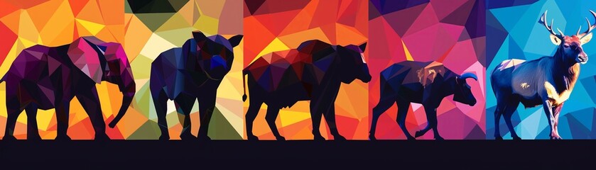Naklejka premium Geometric animal silhouettes polygonal art vibrant backgrounds