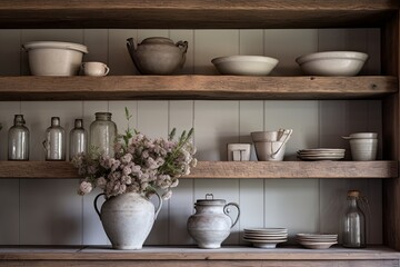Fototapeta na wymiar Rustic Farmhouse Style: Open Shelving Kitchen Decor Ideas with Wooden Accents