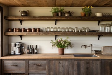 Fototapeta na wymiar Wooden Rustic Farmhouse Open Shelving Kitchen Decor Ideas: Inspiring Designs