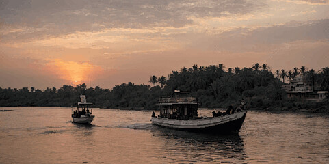 Pixel art style fish-man boat at river Nile at sunset, beautiful Egyptian river side landscape