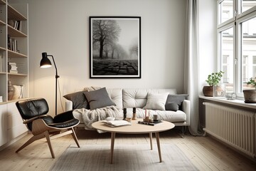 Middle Roomy Layout: Scandinavian-Inspired Home Office Designs Featuring Coffee Table Charm.
