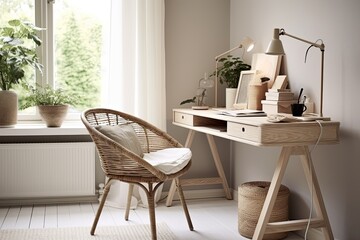 Coastal Scandinavian Home Office: White Rattan Chair Design Inspiration