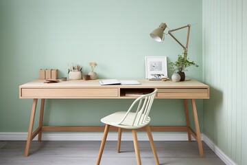 Scandinavian Inspired Mint Green Wall Wooden Desk: Home Office Designs