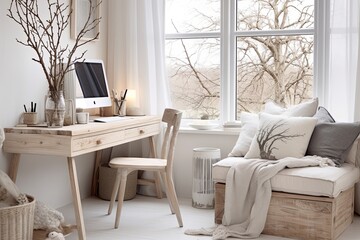 Serene Scandinavian Inspired Home Office with Lounge Space and Twig Decor