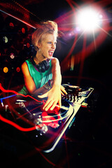 Woman, turntable and music performance in nightclub as dj for dance floor party event, concert or...