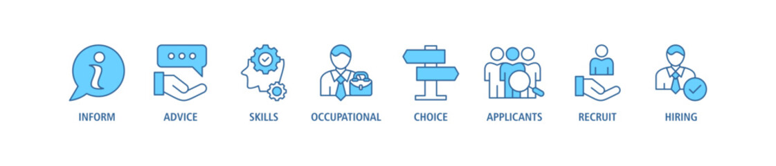 Job fair banner web icon set vector illustration concept for employee recruitment and onboarding program with an icon of the information, advice, skills, occupational, applicants, recruit, and hiring