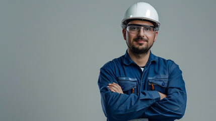Confident Engineer in Blue Coveralls and Safety Helmet Posing With Arms Crossed on gray backgroundv